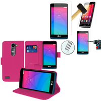 LG Leon 4G LTE H340N/ Tribute 2/ Tribute Duo LS665: Etui Coque Housse Pochette Accessoires portefeuille support video cuir PU + 1 Film de protection d'écran Verre Trempé - ROSE