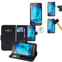 Samsung Galaxy Xcover 3 SM-G388F: Etui Coque Housse Pochette Accessoires portefeuille support video cuir PU + 1 Film de protection d'écran Verre Trempé - NOIR