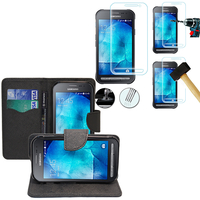 Samsung Galaxy Xcover 3 SM-G388F: Etui Coque Housse Pochette Accessoires portefeuille support video cuir PU effet tissu + 1 Film de protection d'écran Verre Trempé - NOIR