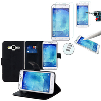 Samsung Galaxy J5 SM-J500F: Etui Coque Housse Pochette Accessoires portefeuille support video cuir PU + 1 Film de protection d'écran Verre Trempé - NOIR