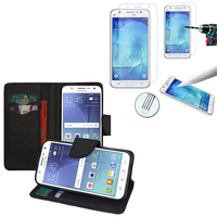 Samsung Galaxy J5 SM-J500F: Etui Coque Housse Pochette Accessoires portefeuille support video cuir PU effet tissu + 1 Film de protection d'écran Verre Trempé - NOIR