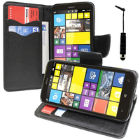 Nokia Lumia 1320: Accessoire Etui portefeuille Livre Housse Coque Pochette support vidéo cuir PU effet tissu + mini Stylet - NOIR