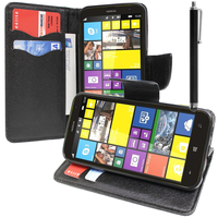 Nokia Lumia 1320: Accessoire Etui portefeuille Livre Housse Coque Pochette support vidéo cuir PU effet tissu + Stylet - NOIR
