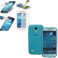 Samsung Galaxy S4 mini i9190/ S4 mini plus I9195I/ i9192/ i9195/ i9197: Coque Etui Housse Pochette silicone gel Portfeuille Livre rabat + 1 Film de protection d'écran Verre Trempé - BLEU