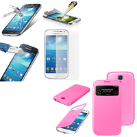 Samsung Galaxy S4 mini i9190/ S4 mini plus I9195I/ i9192/ i9195/ i9197: Coque Etui Housse Pochette Plastique View Case + 1 Film de protection d'écran Verre Trempé - ROSE