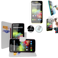 Wiko Rainbow: Etui Coque Housse Pochette Accessoires portefeuille support video cuir PU effet tissu + 1 Film de protection d'écran Verre Trempé - BLANC