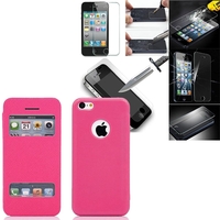 Apple iPhone 5/ 5S/ SE: Coque Etui Housse Pochette Plastique View Case + 2 Films de protection d'écran Verre Trempé - ROSE