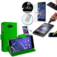 Sony Xperia M2 Aqua D2403 D2406: Etui Coque Housse Pochette Accessoires portefeuille support video cuir PU + 2 Films de protection d'écran Verre Trempé - VERT