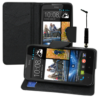 HTC Desire 516 dual sim: Accessoire Etui portefeuille Livre Housse Coque Pochette support vidéo cuir PU effet tissu + mini Stylet - NOIR