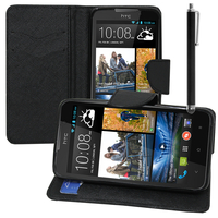 HTC Desire 516 dual sim: Accessoire Etui portefeuille Livre Housse Coque Pochette support vidéo cuir PU effet tissu + Stylet - NOIR