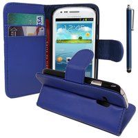 Samsung Galaxy S3 mini i8190/ i8200 VE: Accessoire Etui portefeuille Livre Housse Coque Pochette support vidéo cuir PU + Stylet - BLEU FONCE