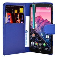 Google Nexus 5: Accessoire Etui portefeuille Livre Housse Coque Pochette cuir PU + Stylet - BLEU FONCE
