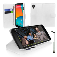 Google Nexus 5: Accessoire Etui portefeuille Livre Housse Coque Pochette support vidéo cuir PU + mini Stylet - BLANC