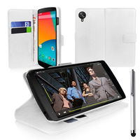 Google Nexus 5: Accessoire Etui portefeuille Livre Housse Coque Pochette support vidéo cuir PU + Stylet - BLANC
