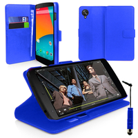 Google Nexus 5: Accessoire Etui portefeuille Livre Housse Coque Pochette support vidéo cuir PU + mini Stylet - BLEU FONCE