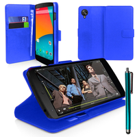 Google Nexus 5: Accessoire Etui portefeuille Livre Housse Coque Pochette support vidéo cuir PU + Stylet - BLEU FONCE