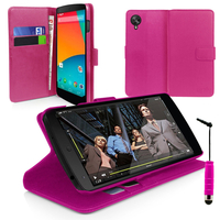 Google Nexus 5: Accessoire Etui portefeuille Livre Housse Coque Pochette support vidéo cuir PU + mini Stylet - ROSE