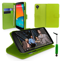 Google Nexus 5: Accessoire Etui portefeuille Livre Housse Coque Pochette support vidéo cuir PU + mini Stylet - VERT