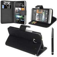 HTC One Mini M4/ 601/ 601e/ 601n/ 601s: Accessoire Etui portefeuille Livre Housse Coque Pochette support vidéo cuir PU + Stylet - NOIR