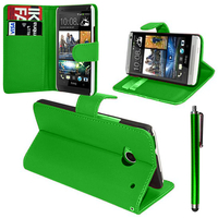 HTC One Mini M4/ 601/ 601e/ 601n/ 601s: Accessoire Etui portefeuille Livre Housse Coque Pochette support vidéo cuir PU + Stylet - VERT