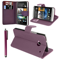 HTC One Mini M4/ 601/ 601e/ 601n/ 601s: Accessoire Etui portefeuille Livre Housse Coque Pochette support vidéo cuir PU + Stylet - VIOLET