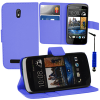 HTC Desire 500/ Dual Sim: Accessoire Etui portefeuille Livre Housse Coque Pochette support vidéo cuir PU + mini Stylet - BLEU FONCE
