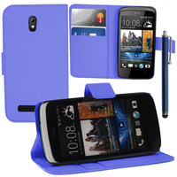 HTC Desire 500/ Dual Sim: Accessoire Etui portefeuille Livre Housse Coque Pochette support vidéo cuir PU + Stylet - BLEU FONCE