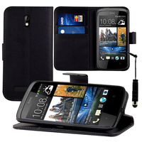HTC Desire 500/ Dual Sim: Accessoire Etui portefeuille Livre Housse Coque Pochette support vidéo cuir PU + mini Stylet - NOIR