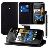 HTC Desire 500/ Dual Sim: Accessoire Etui portefeuille Livre Housse Coque Pochette support vidéo cuir PU + Stylet - NOIR