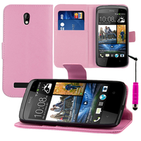 HTC Desire 500/ Dual Sim: Accessoire Etui portefeuille Livre Housse Coque Pochette support vidéo cuir PU + mini Stylet - ROSE-PALE