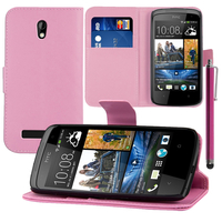 HTC Desire 500/ Dual Sim: Accessoire Etui portefeuille Livre Housse Coque Pochette support vidéo cuir PU + Stylet - ROSE-PALE