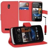 HTC Desire 500/ Dual Sim: Accessoire Etui portefeuille Livre Housse Coque Pochette support vidéo cuir PU + mini Stylet - ROUGE