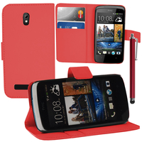 HTC Desire 500/ Dual Sim: Accessoire Etui portefeuille Livre Housse Coque Pochette support vidéo cuir PU + Stylet - ROUGE