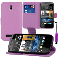 HTC Desire 500/ Dual Sim: Accessoire Etui portefeuille Livre Housse Coque Pochette support vidéo cuir PU + mini Stylet - VIOLET