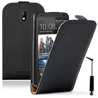 HTC Desire 500/ Dual Sim: Accessoire Housse coque etui cuir fine slim + mini Stylet - NOIR