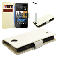 HTC Desire 601 Zara/ Dual Sim: Accessoire Etui portefeuille Livre Housse Coque Pochette cuir PU + mini Stylet - BLANC