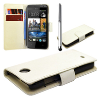 HTC Desire 601 Zara/ Dual Sim: Accessoire Etui portefeuille Livre Housse Coque Pochette cuir PU + Stylet - BLANC