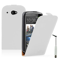 HTC Desire 601 Zara/ Dual Sim: Accessoire Housse coque etui cuir fine slim + mini Stylet - BLANC