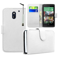 HTC Desire 610: Accessoire Etui portefeuille Livre Housse Coque Pochette cuir PU + mini Stylet - BLANC