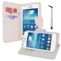 Samsung Galaxy Core Plus G3500/ Trend 3 G3502: Accessoire Etui portefeuille Livre Housse Coque Pochette support vidéo cuir PU effet tissu + mini Stylet - BLANC