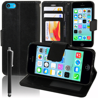 Apple iPhone 5C: Accessoire Etui portefeuille Livre Housse Coque Pochette support vidéo cuir PU + Stylet - NOIR