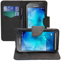 Samsung Galaxy Xcover 3 SM-G388F: Accessoire Etui portefeuille Livre Housse Coque Pochette support vidéo cuir PU effet tissu - NOIR