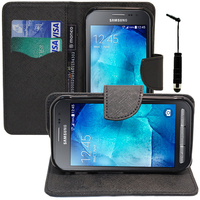 Samsung Galaxy Xcover 3 SM-G388F: Accessoire Etui portefeuille Livre Housse Coque Pochette support vidéo cuir PU effet tissu + mini Stylet - NOIR