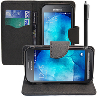 Samsung Galaxy Xcover 3 SM-G388F: Accessoire Etui portefeuille Livre Housse Coque Pochette support vidéo cuir PU effet tissu + Stylet - NOIR