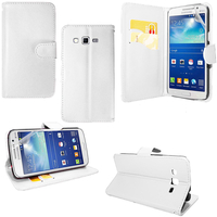 Samsung Galaxy Grand 2 SM-G7100 SM-G7102 SM-G7105 SM-G7106: Accessoire Etui portefeuille Livre Housse Coque Pochette support vidéo cuir PU - BLANC