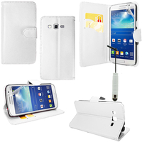 Samsung Galaxy Grand 2 SM-G7100 SM-G7102 SM-G7105 SM-G7106: Accessoire Etui portefeuille Livre Housse Coque Pochette support vidéo cuir PU + mini Stylet - BLANC