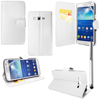 Samsung Galaxy Grand 2 SM-G7100 SM-G7102 SM-G7105 SM-G7106: Accessoire Etui portefeuille Livre Housse Coque Pochette support vidéo cuir PU + Stylet - BLANC