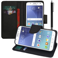 Samsung Galaxy J5 SM-J500F: Accessoire Etui portefeuille Livre Housse Coque Pochette support vidéo cuir PU effet tissu + Stylet - NOIR