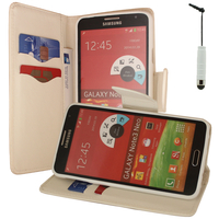 Samsung Galaxy Note 3 Neo / Lite Duos 3G LTE SM-N750 SM-N7505 SM-N7502: Accessoire Etui portefeuille Livre Housse Coque Pochette support vidéo cuir PU effet tissu + mini Stylet - BLANC