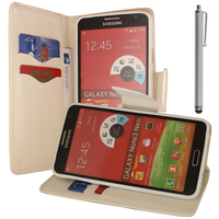 Samsung Galaxy Note 3 Neo / Lite Duos 3G LTE SM-N750 SM-N7505 SM-N7502: Accessoire Etui portefeuille Livre Housse Coque Pochette support vidéo cuir PU effet tissu + Stylet - BLANC